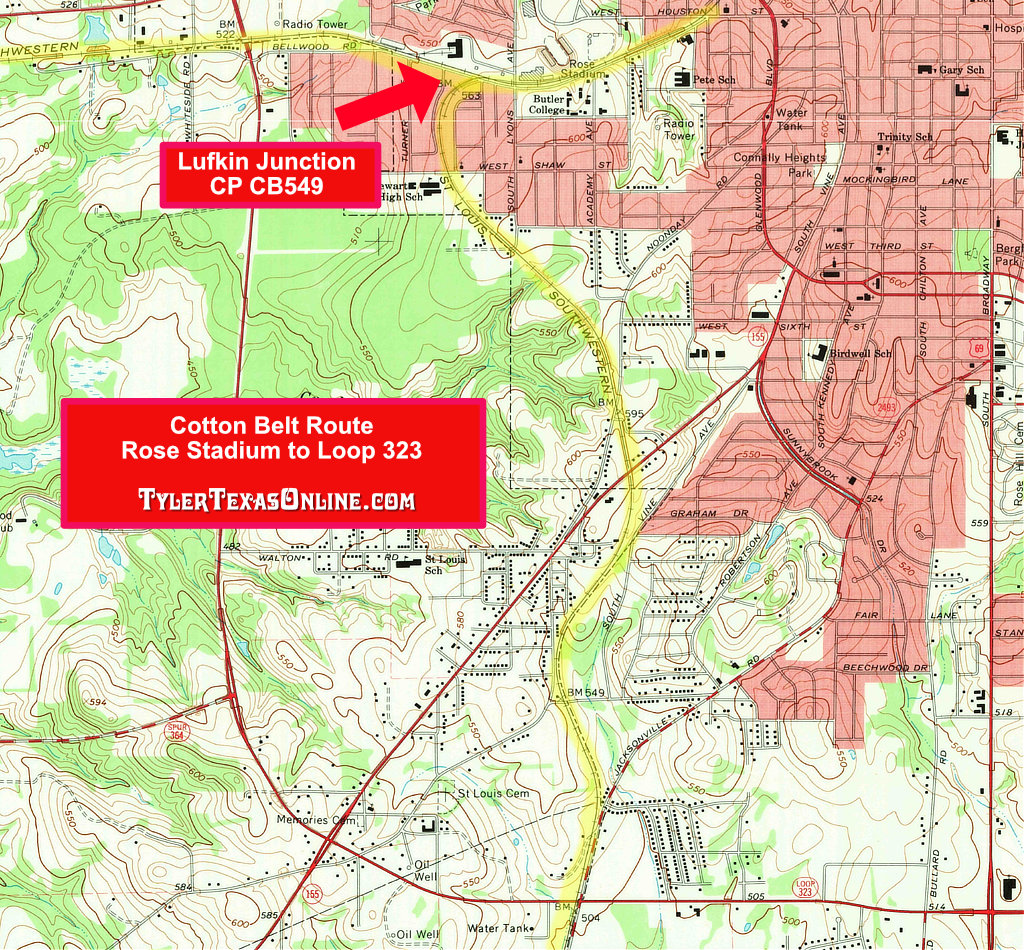 Map showing the St. Louis - Southwestern, Cotton Belt, right-of-way in Tyler, Texas from near the Rose Garden south to present-day Loop 323