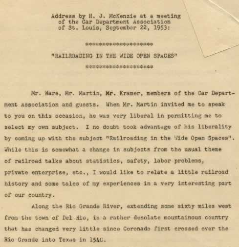 Address by H. J. McKenzie at a meeting of the Car Department Association of St. Louis, September 22, 1953, entitled "Railroading in the Wide Open Spaces"