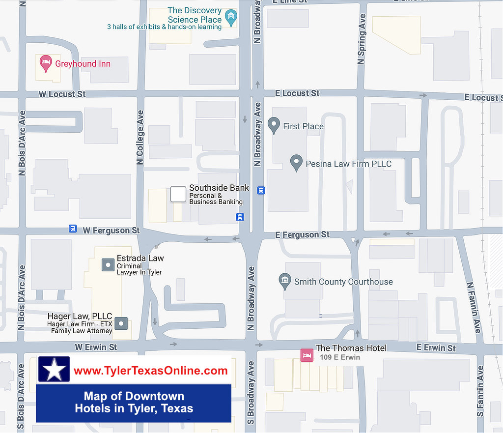 Map of hotel properties in downtown Tyler, Texas