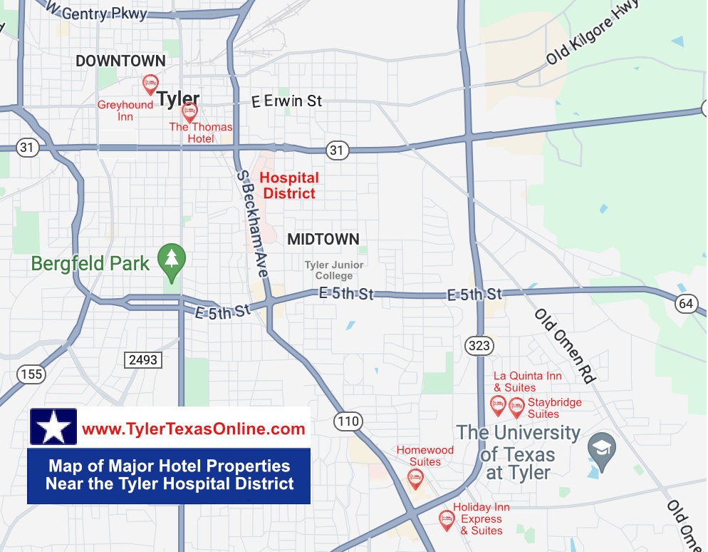 Map of Major Hotel Properties near the Hospital District in Tyler, Texas