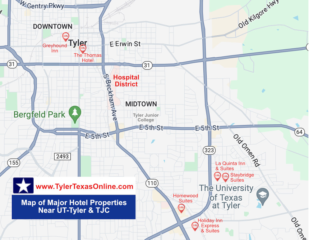 Map of major hotels in Tyler Texas near the University of Texas at Tyler, and Tyler Junior College Map of major hotels in Tyler Texas near the University of Texas at Tyler, and Tyler Junior College