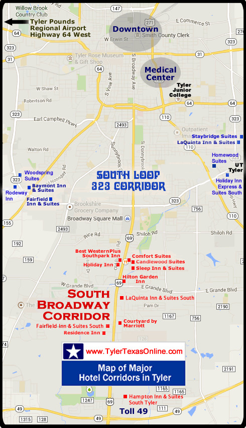 Tyler Texas Hotel Map Showing Location of the Medical Center District