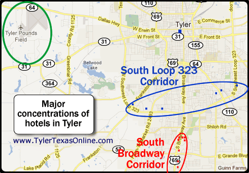 Map of major concentrations of hotels and lodging in Tyler Texas, in relationship to Tyler Pounds Regional Airport Map of major concentrations of hotels and lodging in Tyler Texas, in relationship to Tyler Pounds Regional Airport