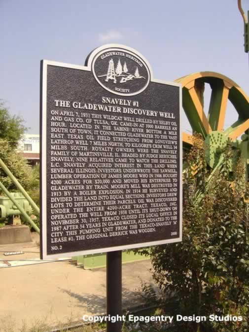 Gladwater Heritage Society Marker - Downtown Gladewater, Texas - Snavely #1 - The Gladewater Discovery Oil Well Gladwater Heritage Society Marker - Downtown Gladewater, Texas - Snavely #1 - The Gladewater Discovery Oil Well