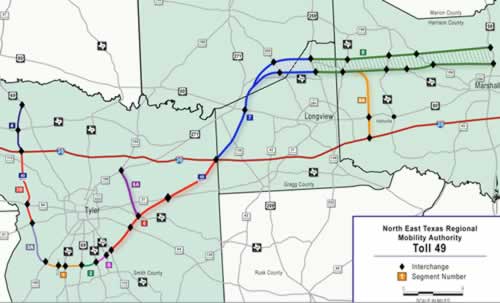 Preliminary drawing of map showing the general route for Toll 49 towards Longview and Marshall including segments 6, 6A, 7, 8 and 8A 