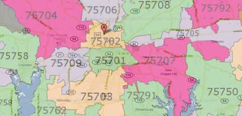 Tyler Texas Zip Code Map